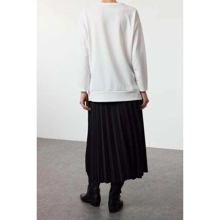 Women Fashion Stylish Regular Long Length Long Sleeve Black Blouse Skirt Pleated Knitted Bottom Top Set