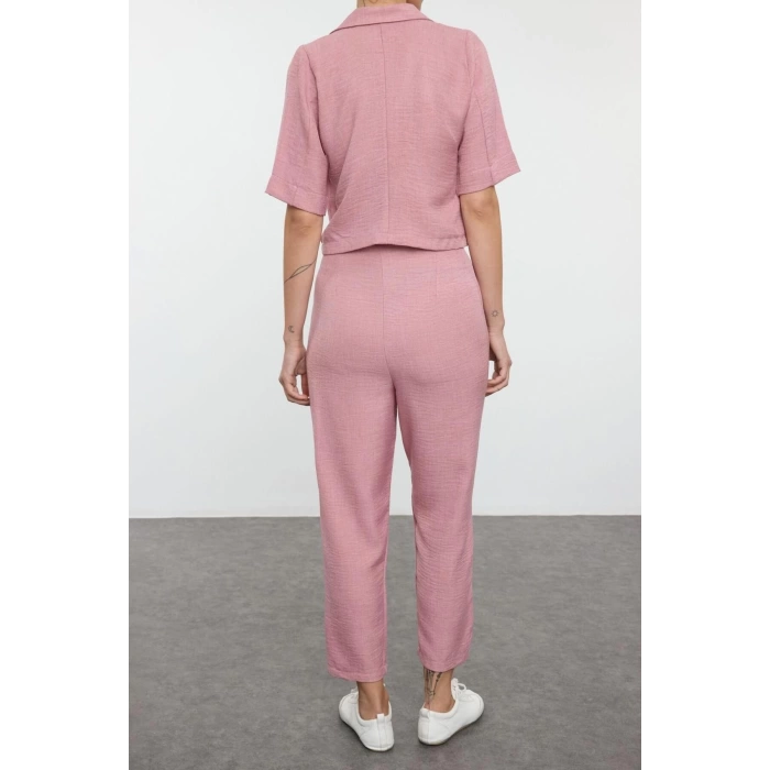Womens Fashion Stylish Regular Size Linen Look Woven Shirt-Shalwar Pattern Carrot Trousers Set