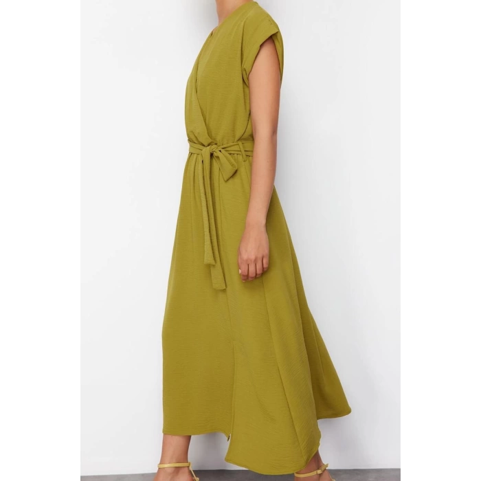 Kadın Moda Şık Maxi Boy Bisiklet Yaka Regular Dokuma Elbise