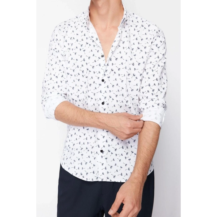 Moda Gömlek Yaka Geometrik Uzun Kol Desenli Slim Fit Erkek Erkek Gömlek