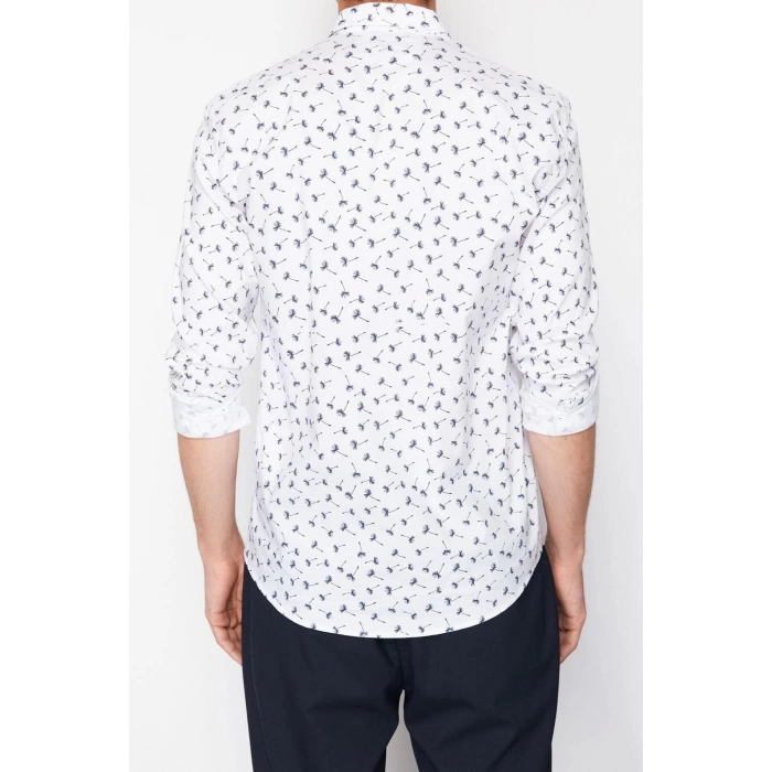 Moda Gömlek Yaka Geometrik Uzun Kol Desenli Slim Fit Erkek Erkek Gömlek