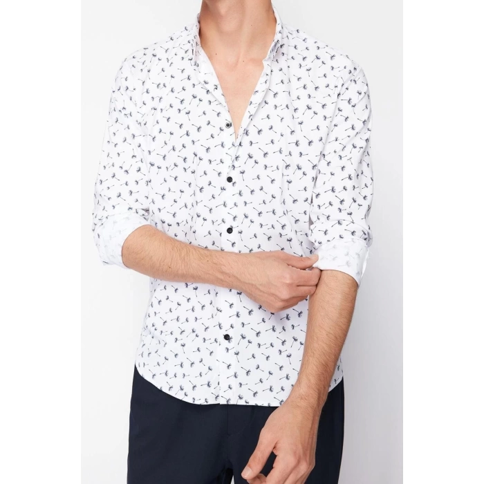 Moda Gömlek Yaka Geometrik Uzun Kol Desenli Slim Fit Erkek Erkek Gömlek