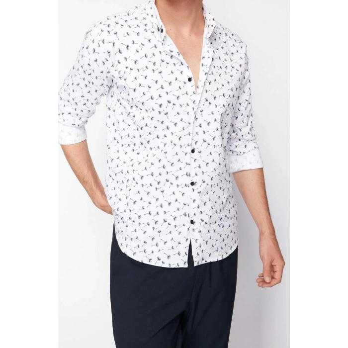 Moda Gömlek Yaka Geometrik Uzun Kol Desenli Slim Fit Erkek Erkek Gömlek