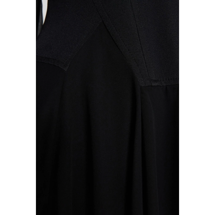 Kadın Moda Şık Mini Boy V Yaka Fitted A-Kesim Dokuma Şifon Kısa Elbise