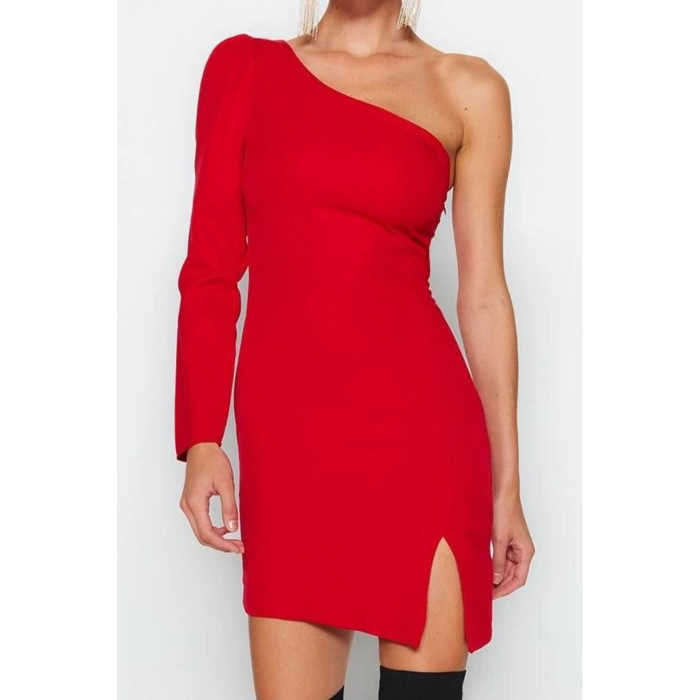 Kadın Moda Şık Mini Boy Asimetrik Yaka Fitted Vücudu Oturan Dokuma Kısa Elbise