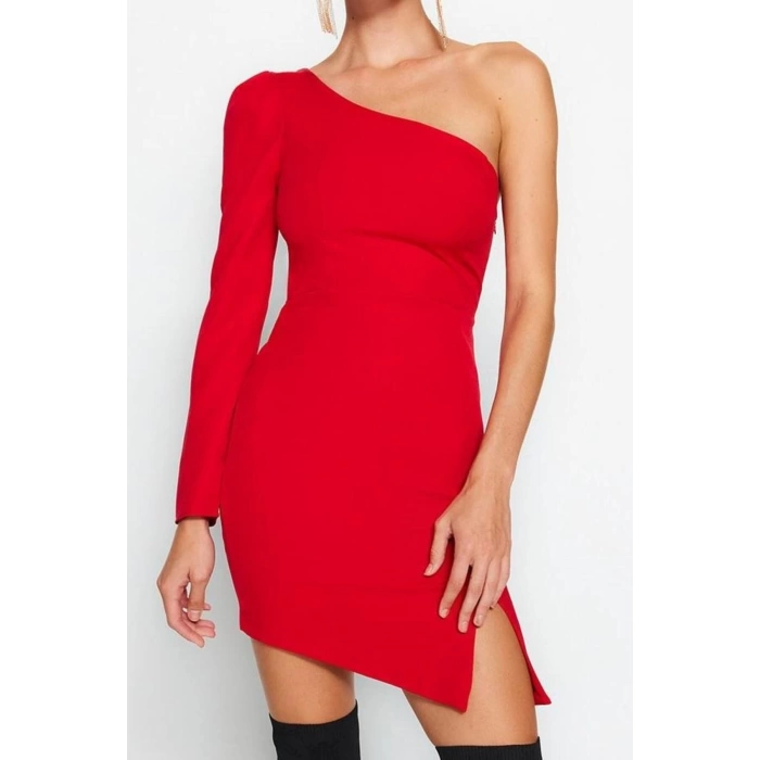 Kadın Moda Şık Mini Boy Asimetrik Yaka Fitted Vücudu Oturan Dokuma Kısa Elbise