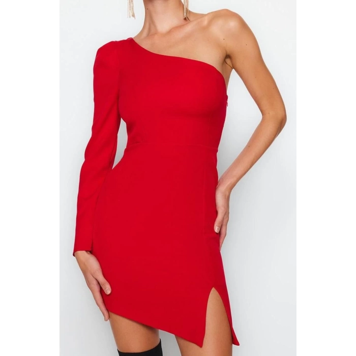 Kadın Moda Şık Mini Boy Asimetrik Yaka Fitted Vücudu Oturan Dokuma Kısa Elbise