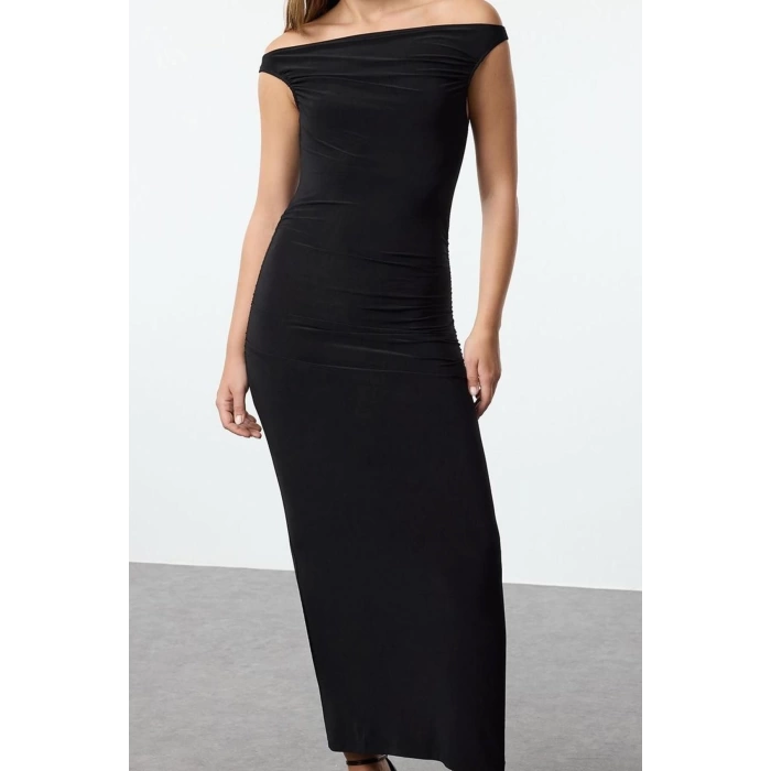 Women Fashion Stylish Midi Length Carmen Collar Fitted Dress