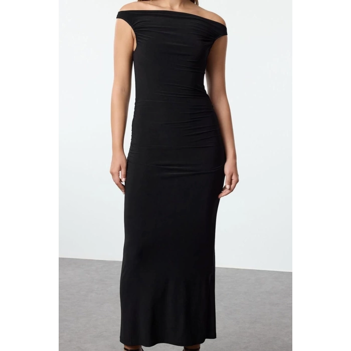 Women Fashion Stylish Midi Length Carmen Collar Fitted Dress
