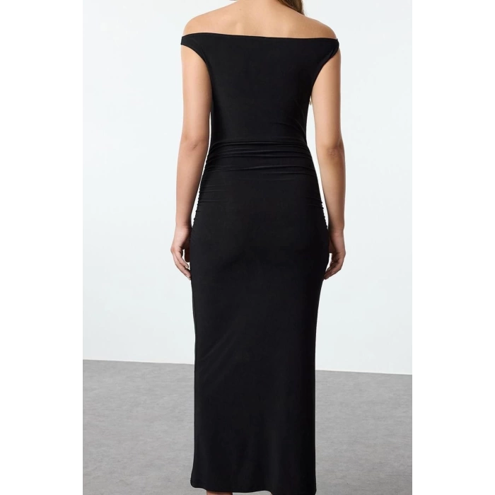 Women Fashion Stylish Midi Length Carmen Collar Fitted Dress