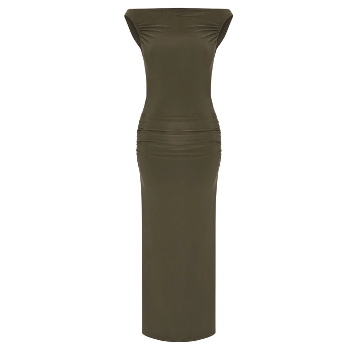 Women Fashion Stylish Midi Length Carmen Collar Fitted Dress