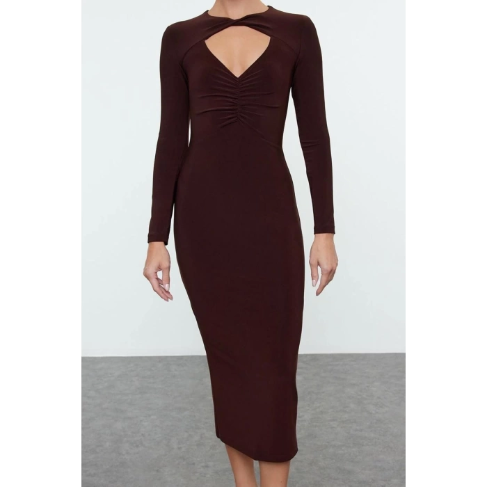 Women Fashion Stylish Midi Length Crew Neck Fitted Bodycon Cut Out Window Detail Knitted Dress
