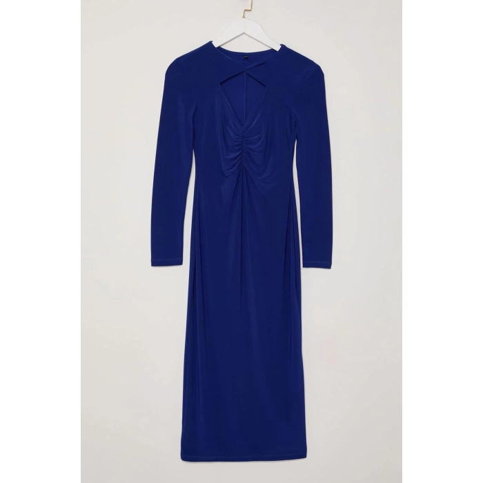 Women Fashion Stylish Midi Length Crew Neck Fitted Bodycon Cut Out Window Detail Knitted Dress
