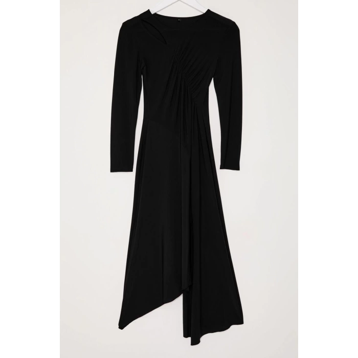 Womens Fashion Stylish Midi Length Crew Neck Fitted Hem Flounce Detailed Knitted Dress