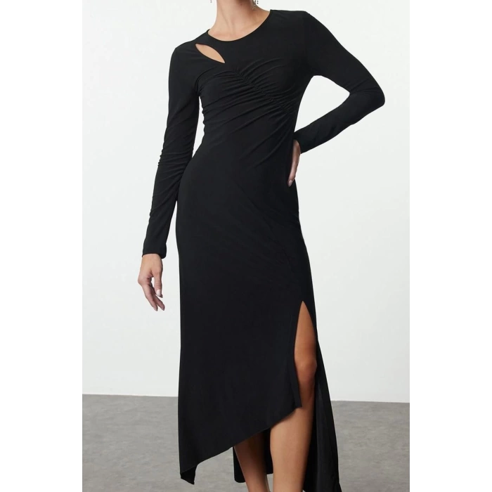 Womens Fashion Stylish Midi Length Crew Neck Fitted Hem Flounce Detailed Knitted Dress