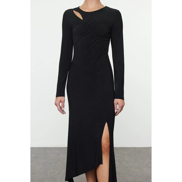 Womens Fashion Stylish Midi Length Crew Neck Fitted Hem Flounce Detailed Knitted Dress