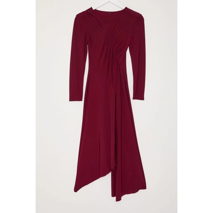 Womens Fashion Stylish Midi Length Crew Neck Fitted Hem Flounce Detailed Knitted Dress