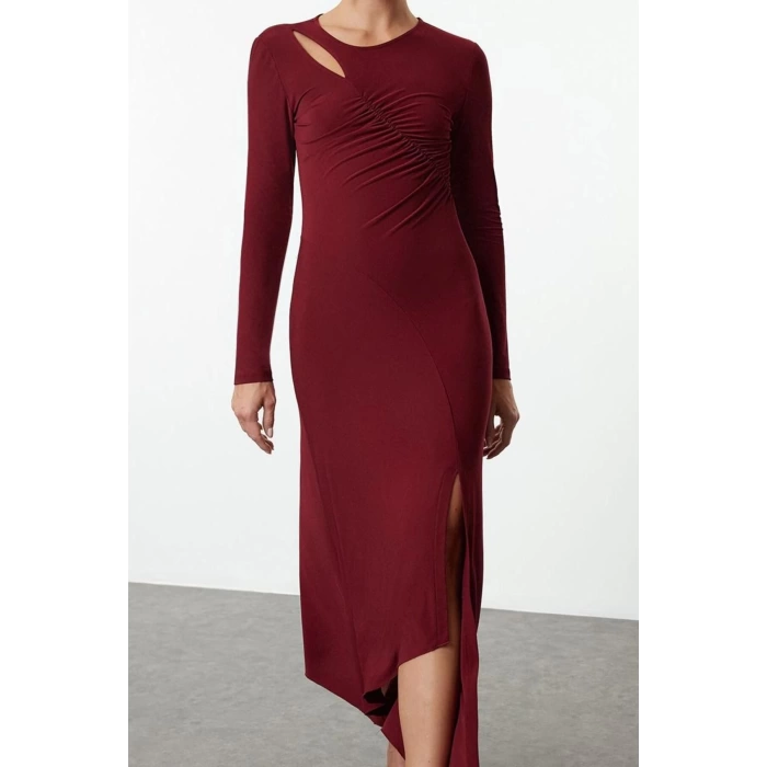 Womens Fashion Stylish Midi Length Crew Neck Fitted Hem Flounce Detailed Knitted Dress