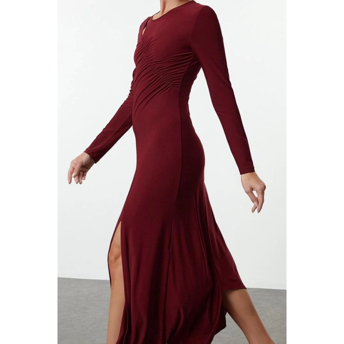 Womens Fashion Stylish Midi Length Crew Neck Fitted Hem Flounce Detailed Knitted Dress