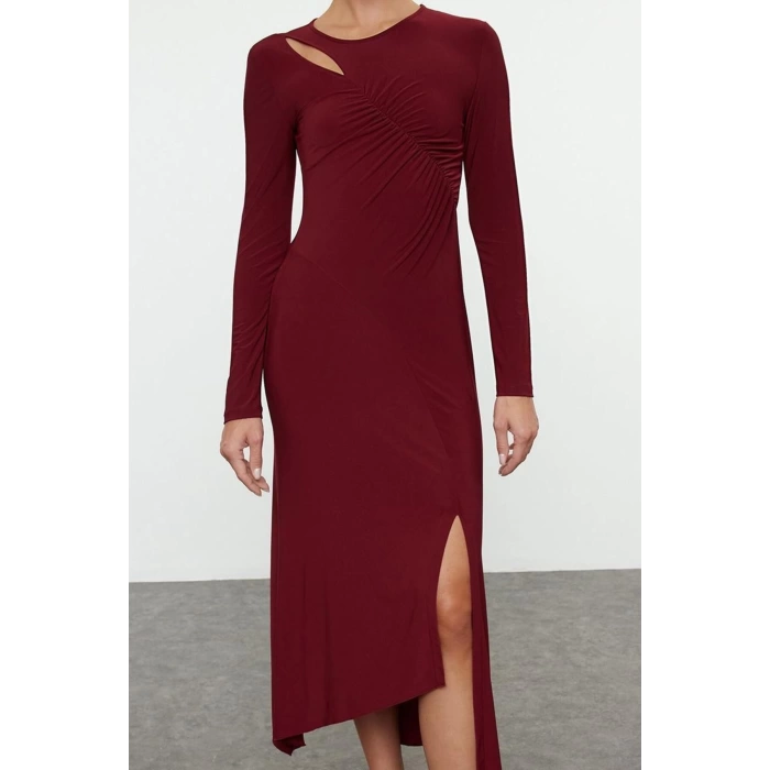 Womens Fashion Stylish Midi Length Crew Neck Fitted Hem Flounce Detailed Knitted Dress