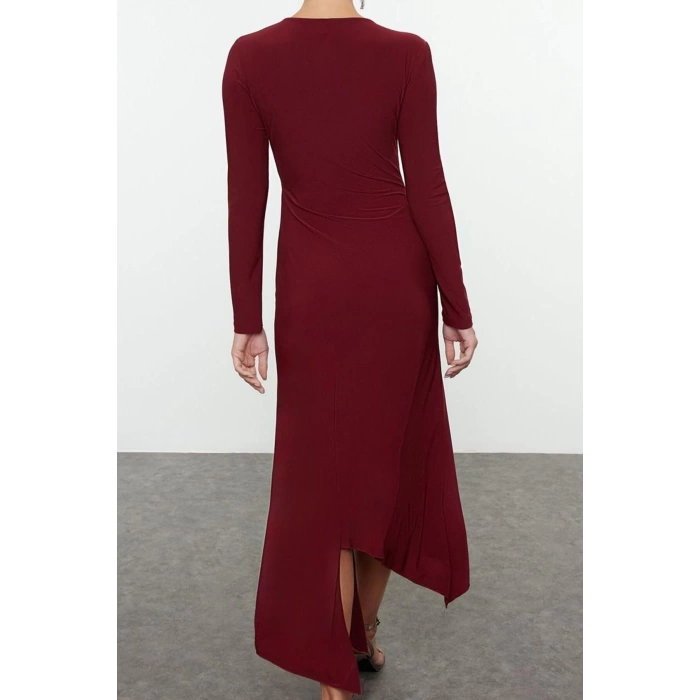 Womens Fashion Stylish Midi Length Crew Neck Fitted Hem Flounce Detailed Knitted Dress