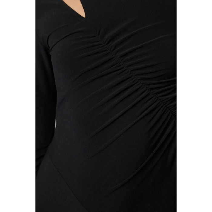 Womens Fashion Stylish Midi Length Crew Neck Fitted Hem Flounce Detailed Knitted Dress