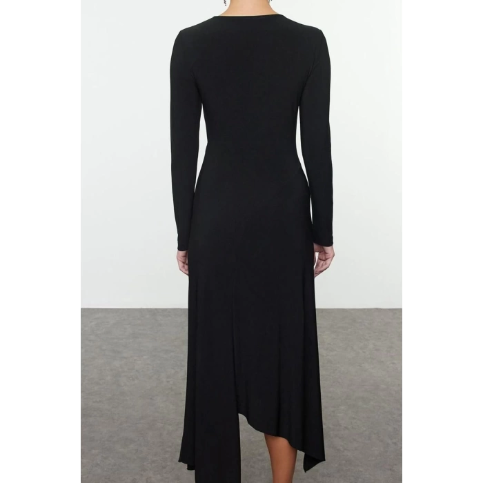 Womens Fashion Stylish Midi Length Crew Neck Fitted Hem Flounce Detailed Knitted Dress