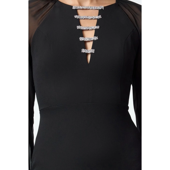 Kadın Moda Şık Midi Boy Bisiklet Yaka Fitted Taş Aksesuarlı Dokuma Elbise