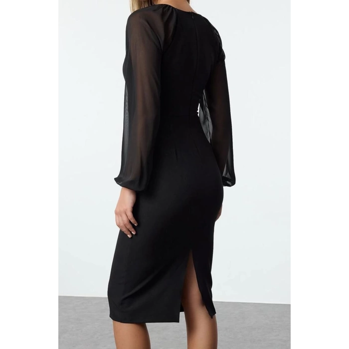 Kadın Moda Şık Midi Boy Bisiklet Yaka Fitted Taş Aksesuarlı Dokuma Elbise
