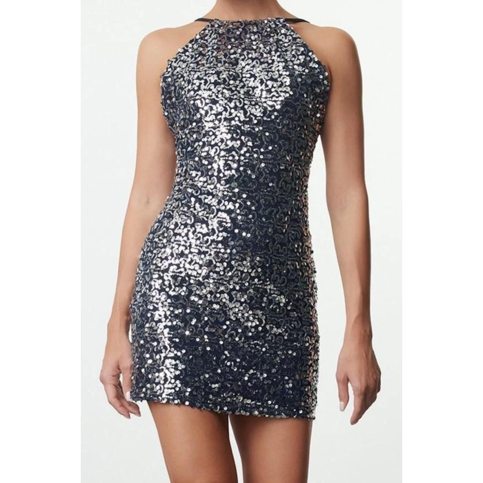 Women Fashion Stylish Mini Length Halter Neck Fitted Bodycon Sequin Woven Short Dress