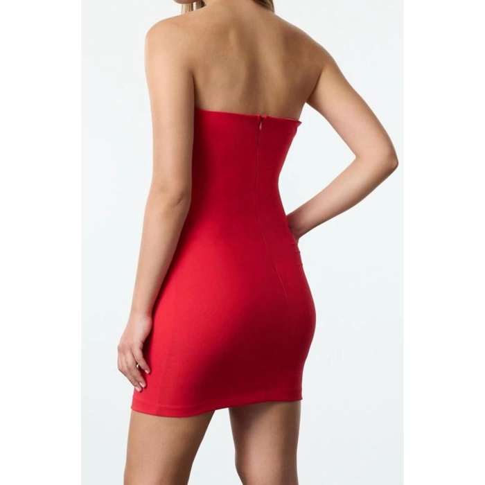 Kadın Moda Şık Mini Boy Straplez Fitted Vücuda Oturan Aksesuar Detaylı Dokuma Kısa Elbise