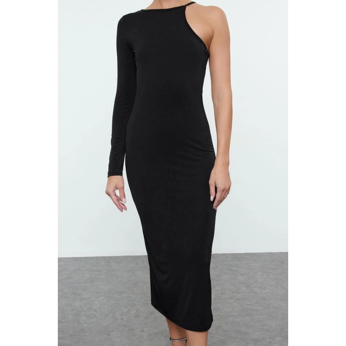 Women Fashion Stylish Midi Length Asymmetrical Neck Fitted Bodycon Single Sleeve Knitted Dress
