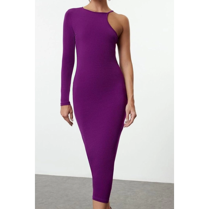 Women Fashion Stylish Midi Length Asymmetrical Neck Fitted Bodycon Single Sleeve Knitted Dress