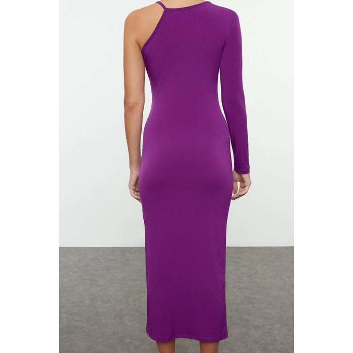 Women Fashion Stylish Midi Length Asymmetrical Neck Fitted Bodycon Single Sleeve Knitted Dress