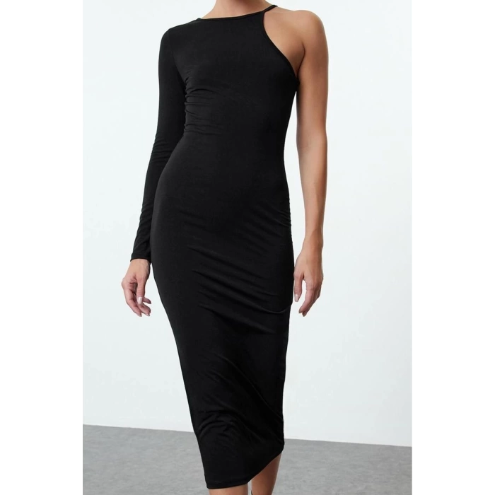 Women Fashion Stylish Midi Length Asymmetrical Neck Fitted Bodycon Single Sleeve Knitted Dress