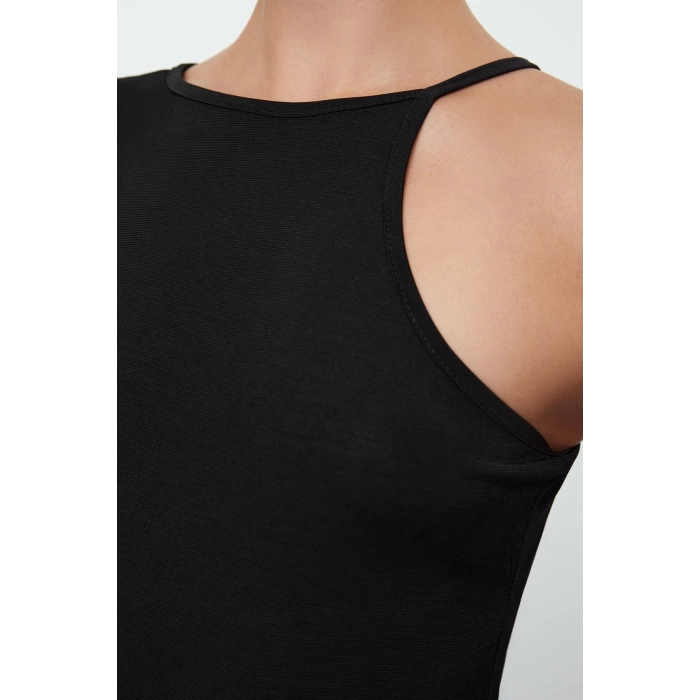 Women Fashion Stylish Midi Length Asymmetrical Neck Fitted Bodycon Single Sleeve Knitted Dress