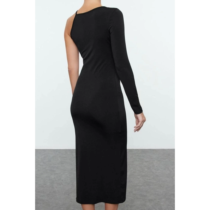 Women Fashion Stylish Midi Length Asymmetrical Neck Fitted Bodycon Single Sleeve Knitted Dress