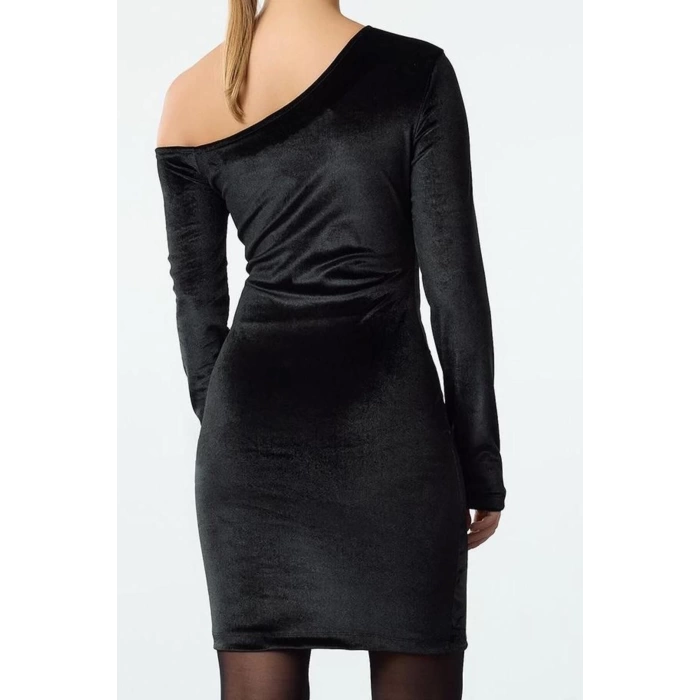 Women Fashion Stylish Mini Length Asymmetrical Neck Fitted Bodycon Velvet Knitted Short Dress