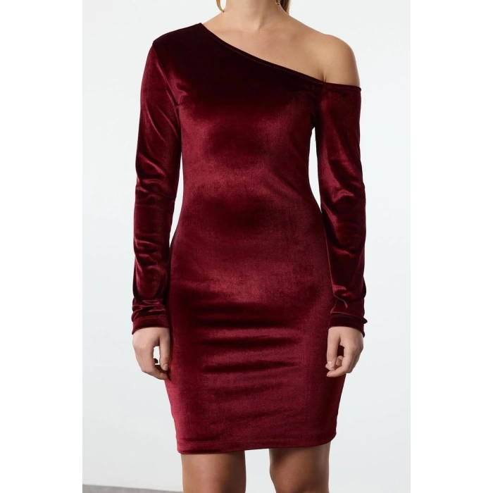 Women Fashion Stylish Mini Length Asymmetrical Neck Fitted Bodycon Velvet Knitted Short Dress
