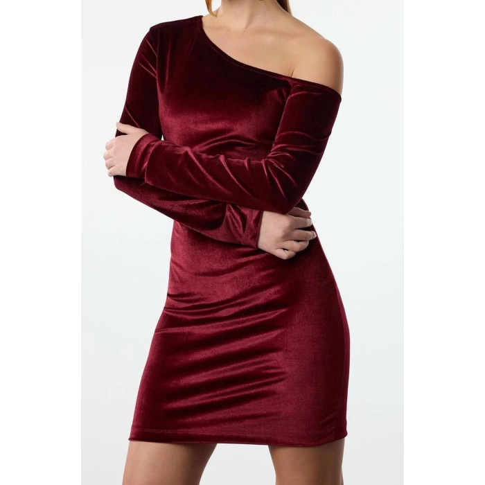 Women Fashion Stylish Mini Length Asymmetrical Neck Fitted Bodycon Velvet Knitted Short Dress
