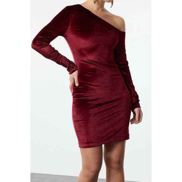 Women Fashion Stylish Mini Length Asymmetrical Neck Fitted Bodycon Velvet Knitted Short Dress