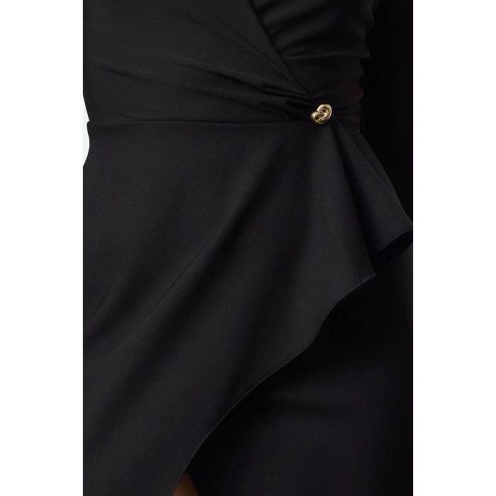 Women Fashion Stylish Midi Length Double Breasted Regular Accessory Detailed Woven Dress