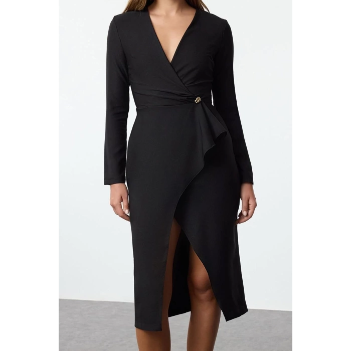 Women Fashion Stylish Midi Length Double Breasted Regular Accessory Detailed Woven Dress