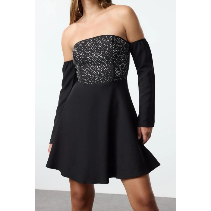 Women Fashion Stylish Mini Length Carmen Collar Fitted A-Line Stone Print Woven Short Dress