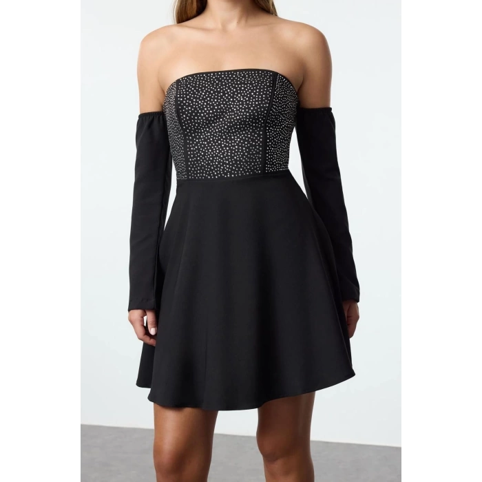 Women Fashion Stylish Mini Length Carmen Collar Fitted A-Line Stone Print Woven Short Dress