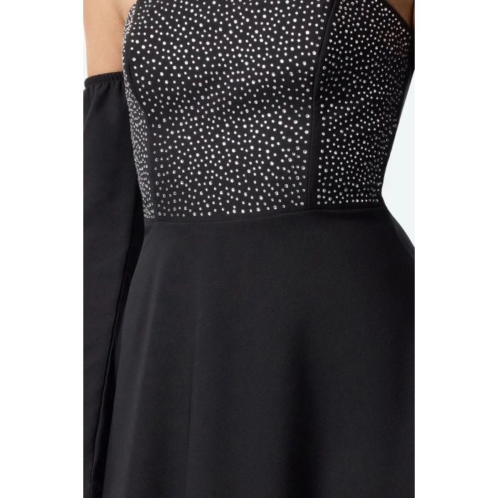 Women Fashion Stylish Mini Length Carmen Collar Fitted A-Line Stone Print Woven Short Dress