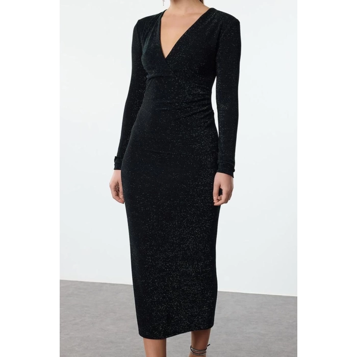 Women Fashion Stylish Midi Length Double Breasted Fitted Bodycon V Neck Glitter Knitted Dress