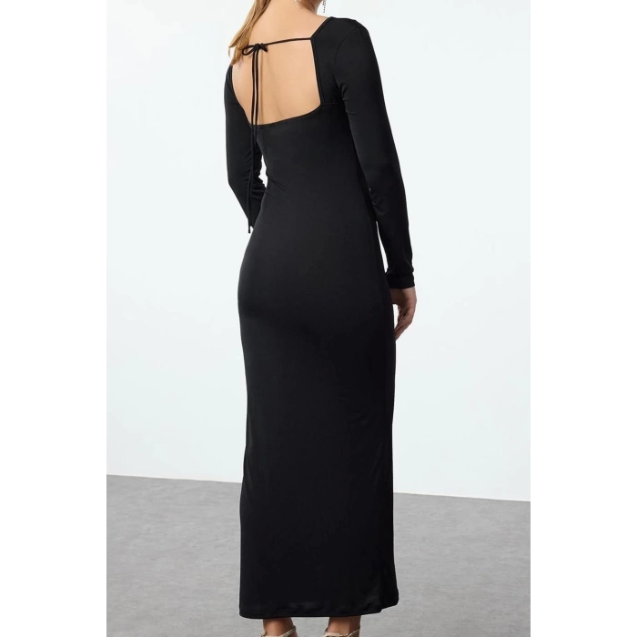 Kadın Moda Şık Maxi Boy U Yaka Fitted Vücuda Oturan Göğüsten Bağlama Detaylı Örme Uzun Elbise