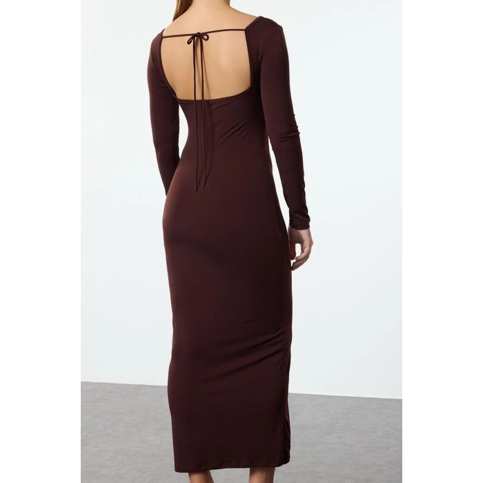Kadın Moda Şık Maxi Boy U Yaka Fitted Vücuda Oturan Göğüsten Bağlama Detaylı Örme Uzun Elbise