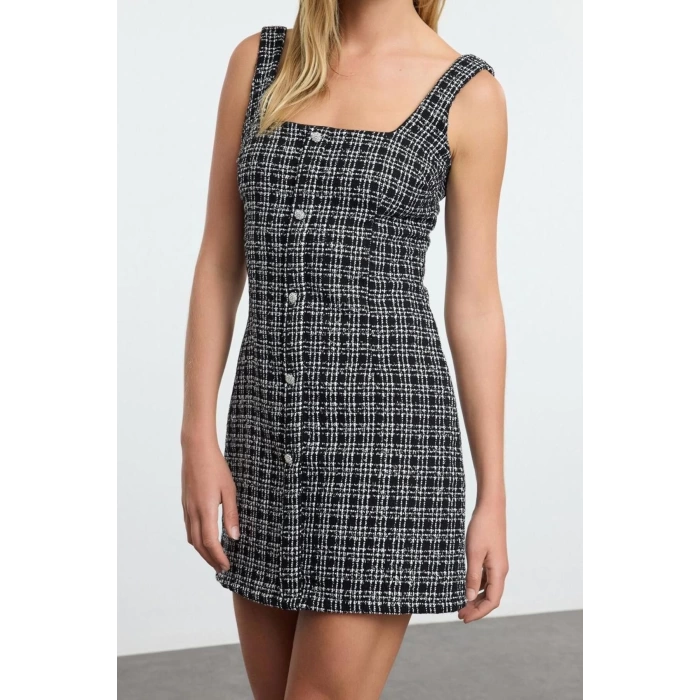 Women Fashion Stylish Mini Length Square Neck Fitted Stone Accessory Glittery Tweed Woven Short Dress